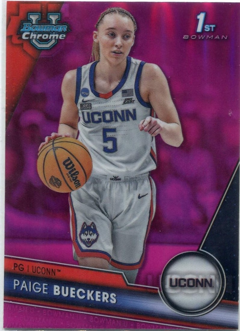 Paige Bueckers 2023 Bowman U Chrome Refractor RC: Paige Bueckers 2023 Bowman U Chrome Refractor RC Paige Bueckers 2023 Bowman U Chrome Pink Refractor RC #90. This highly sought-after baseball card features Paige Bueckers in pink refractor chrome, a