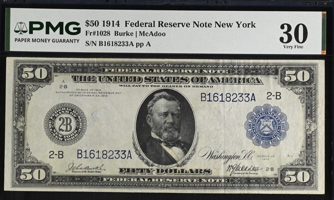 1914 $50 BLUE SEAL FEDERAL RESERVE NOTE NEW YORK FR. 1028 PMG VF 30 PINHOLE: 1914 $50 BLUE SEAL FEDERAL RESERVE NOTE NEW YORK FR. 1028 PMG VF 30 PINHOLE Circulated $50 Blue Seal Federal Reserve note from 1914, graded PMG VF 30 and featuring a notable pinhole. This circulated