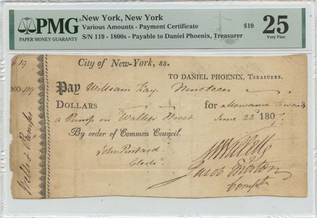 Payment Certificate $19 New York 1807 PMG VF25: Payment Certificate $19 New York 1807 PMG VF25 PMG VF25 Payment Certificate from New York, 1807, offers a unique glimpse into the financial history of early America. This circulated note features a hi