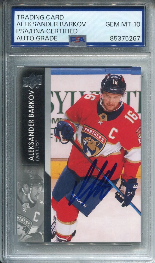Aleksander Barkov Autographed Upper Deck Card PSA Auto Grade 10: Aleksander Barkov Autographed Upper Deck Card PSA Auto Grade 10 Aleksander Barkov's skills on the ice are matched by his skill as an autograph signer, as evidenced by this Upper Deck card graded a