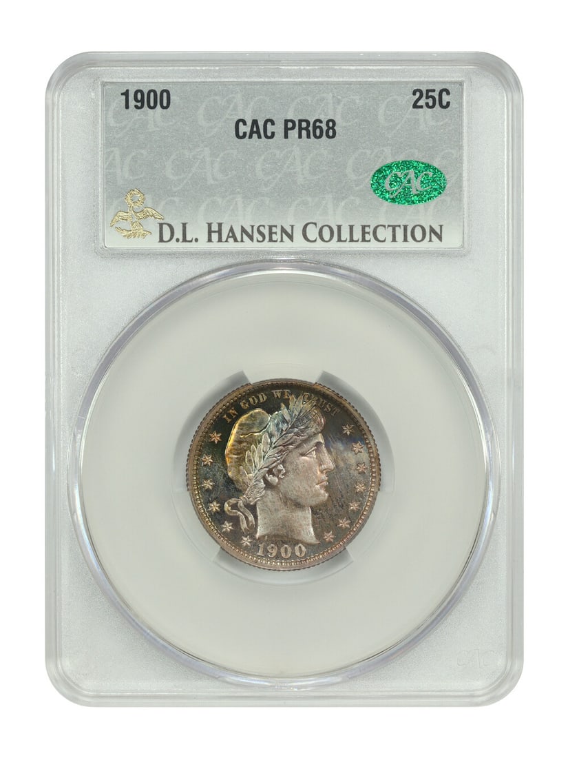 1900 25C CACG PR68 ex: D.L. Hansen/ Young/ Dakota - Barber Quarter: 1900 25C CACG PR68 ex: D.L. Hansen/ Young/ Dakota - Barber Quarter The 1900 Barber Quarter, graded PR68 by CACG, boasts exceptional condition with its circulated background and sharp strike. This