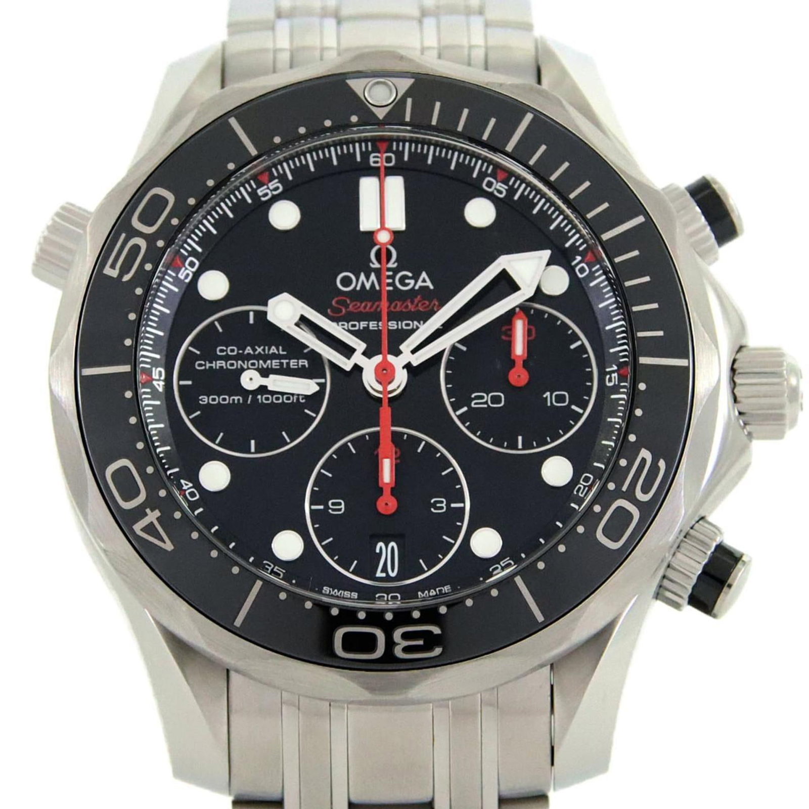 Omega Wristwatch: Omega Wristwatch Stainless steel case and band provide a durable foundation for this Omega wristwatch, featuring a black dial. The 42mm size fits comfortably on wrists up to 20.5cm in circumference. W