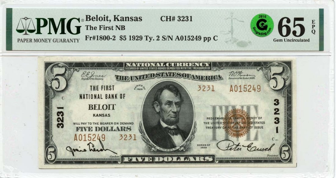 1929 Ty.2 $5 First Bank Beloit Kansas CH#3231 PMG 65 EPQ GCC Green (1 of 2)