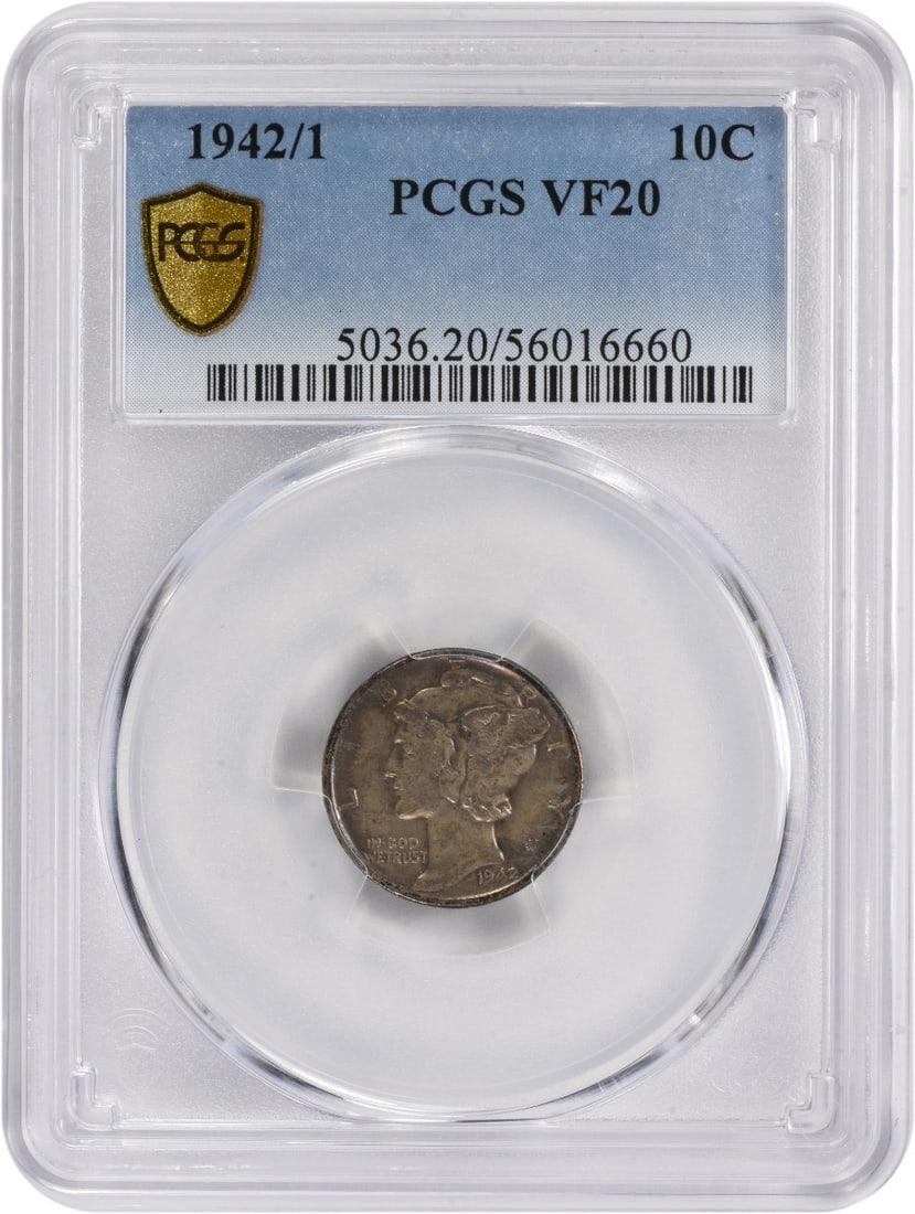 1942/ 1 Mercury Silver Dime VF20 PCGS: 1942/ 1 Mercury Silver Dime VF20 PCGS The 1942 Mercury Silver Dime features Adolph Alexander Weinman's iconic design, showcasing the Mercury head in a flowing robe. With its reeded edge and 90% silver