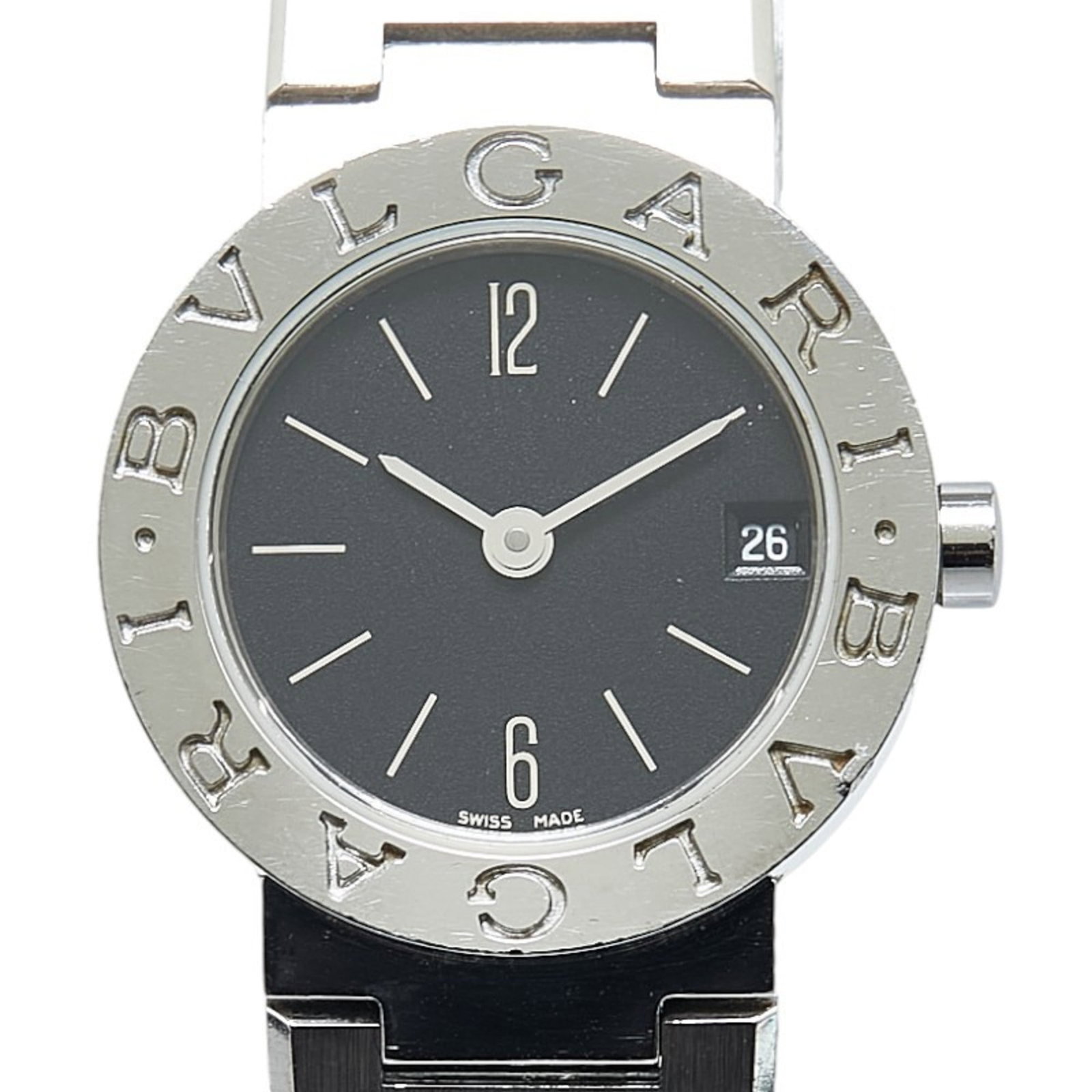 Bvlgari Wristwatch: Bvlgari Wristwatch Stainless steel case and band add a touch of sophistication to this Bvlgari women's wristwatch, featuring an elegant black dial. The watch has been well-cared for, with some signs