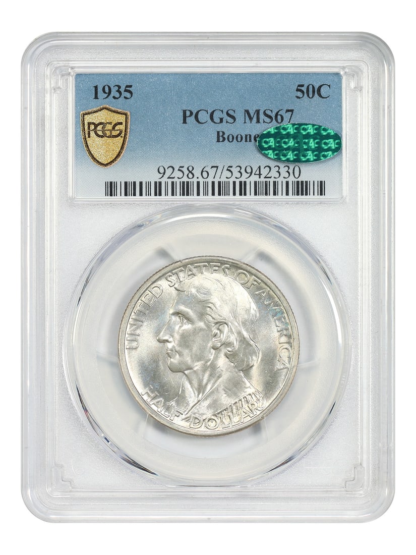 1935 50C Boone PCGS/ CAC MS67 - Classic Silver Commemorative - Low Mintage Issue: 1935 50C Boone PCGS/ CAC MS67 - Classic Silver Commemorative - Low Mintage Issue The 1935 50C Classic Silver Commemorative coin boasts an impressive MS67 grade, indicating exceptional quality and