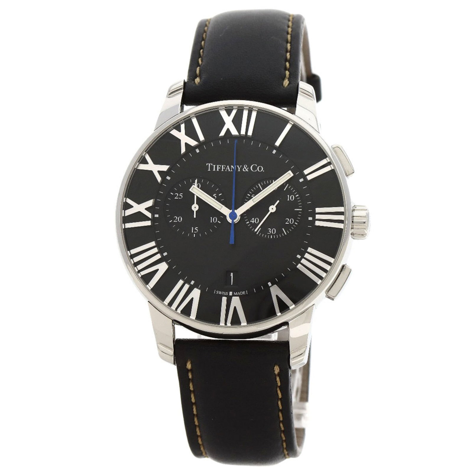 Wristwatch of Tiffany: Wristwatch of Tiffany Stainless steel case and leather band make for a sleek, timeless look in the black Wristwatch of Tiffany. The 42mm diameter case measures 10.6mm thick, fitting comfortably on wri
