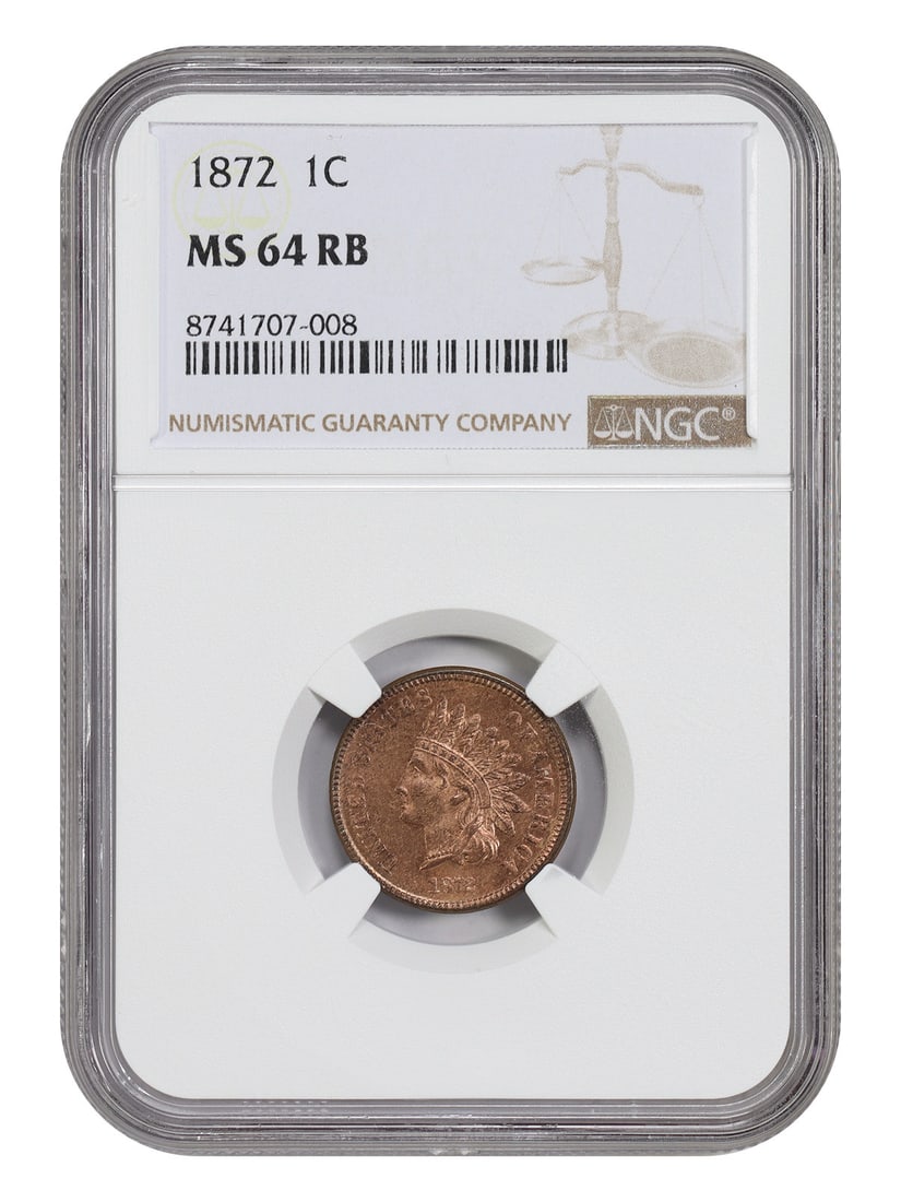 1872 1C NGC MS64RB - Indian Cent - Key Date: 1872 1C NGC MS64RB - Indian Cent - Key Date The 1872 Indian Cent, graded MS64RB by the NGC, is a highly detailed and well-preserved example from one of the most iconic coin designs in American history