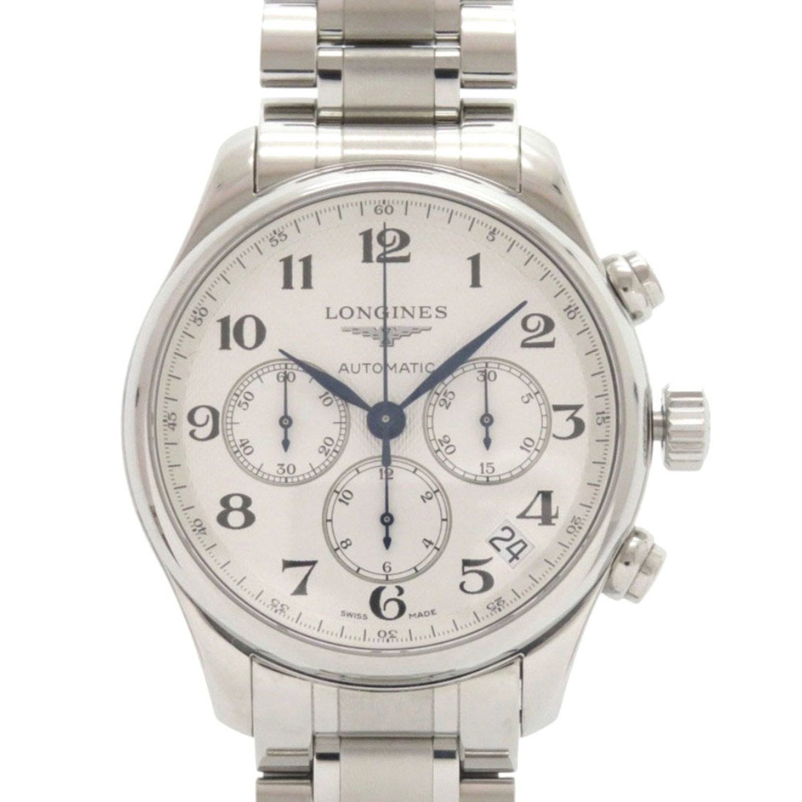 Wristwatch by Longines: Wristwatch by Longines Stainless steel case and band add a touch of durability to this classic Longines wristwatch, featuring a crisp white dial. With its 44mm diameter and comfortable 21.5cm strap