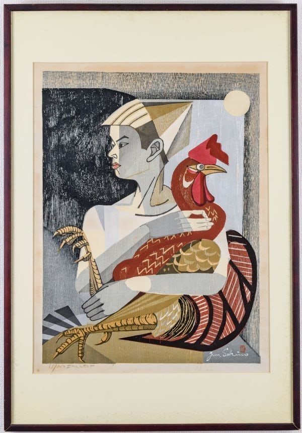 Boy rooster signed woodblock framed with box ED 78/ 100 (1 of 5)