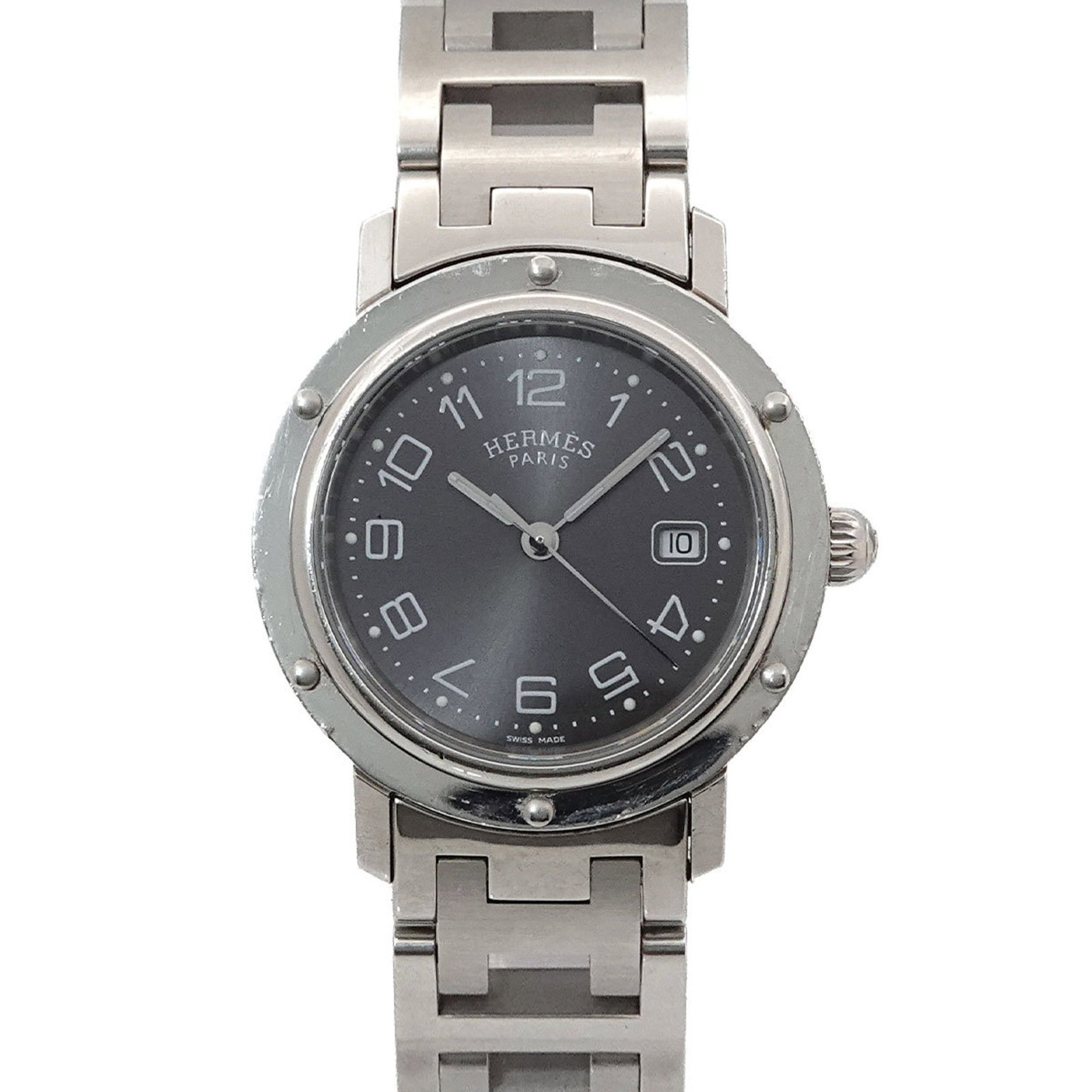Hermes Wristwatch: Hermes Wristwatch Stainless steel case and band, the Hermes wristwatch boasts a sleek gray dial. Measuring 31mm in diameter, it fits wrists up to 14.5cm in size. This used, like-new condition piece