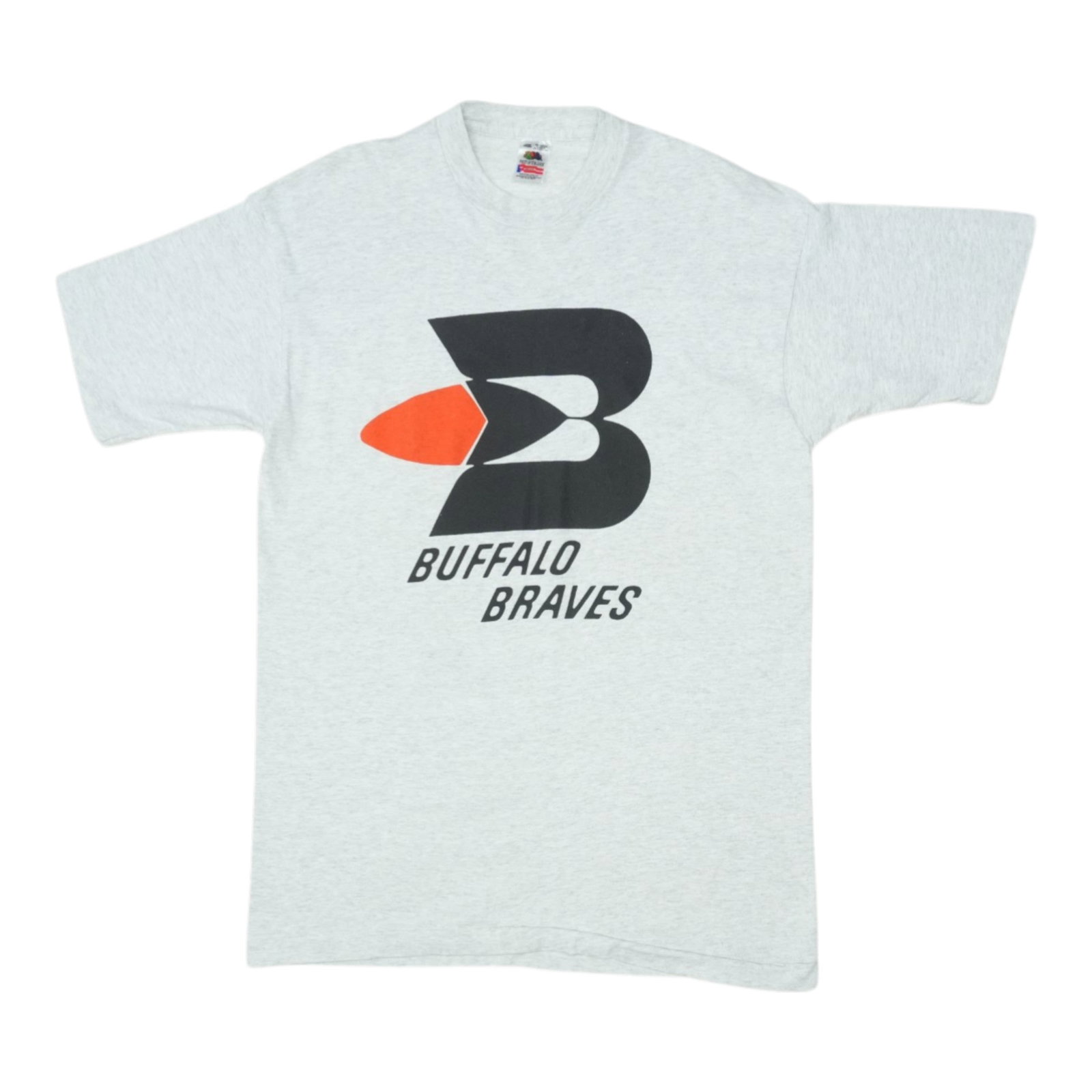 1990s Buffalo Braves Shirt: 1990s Buffalo Braves Shirt Grey 1990s Buffalo Braves Shirt, measuring 20" pit to pit and 31" collar to hem. This vintage shirt features a classic design with no back graphics, in excellent condition