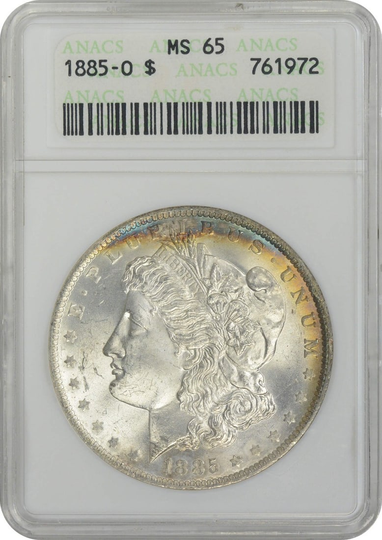 1885-O Morgan Silver Dollar MS65 ANACS: 1885-O Morgan Silver Dollar MS65 ANACS The 1885-O Morgan Silver Dollar MS65 ANACS boasts exceptional condition, with its reeded edge and circulated/uncirculated certification from the esteemed ANACS o