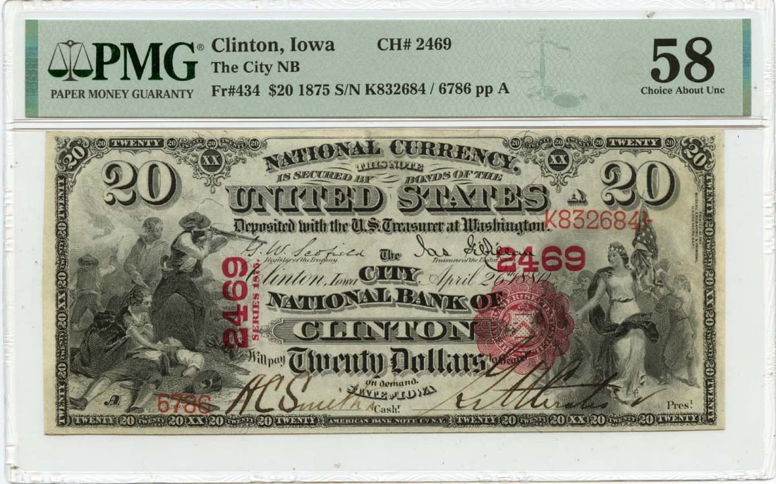 1875 $20 National FR#434 City NB Clinton, Iowa CH#2469 PMG AU58 4 Known (1 of 2)