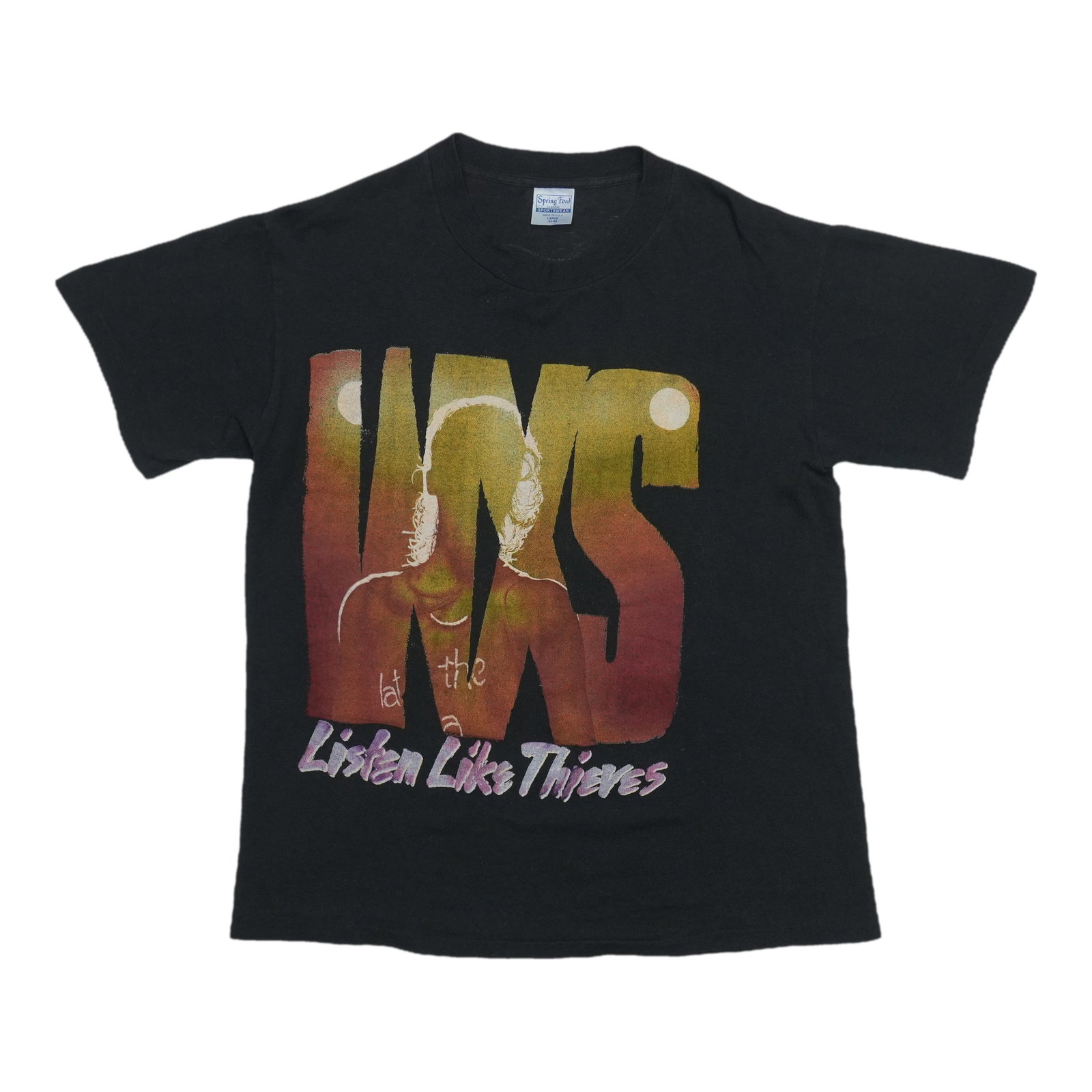 1985 INXS Listen Like Thieves Tour Shirt: 1985 INXS Listen Like Thieves Tour Shirt Large, classic black INXS tour shirt from the iconic Listen Like Thieves era, featuring a timeless design and excellent condition. The shirt measures 19" pit