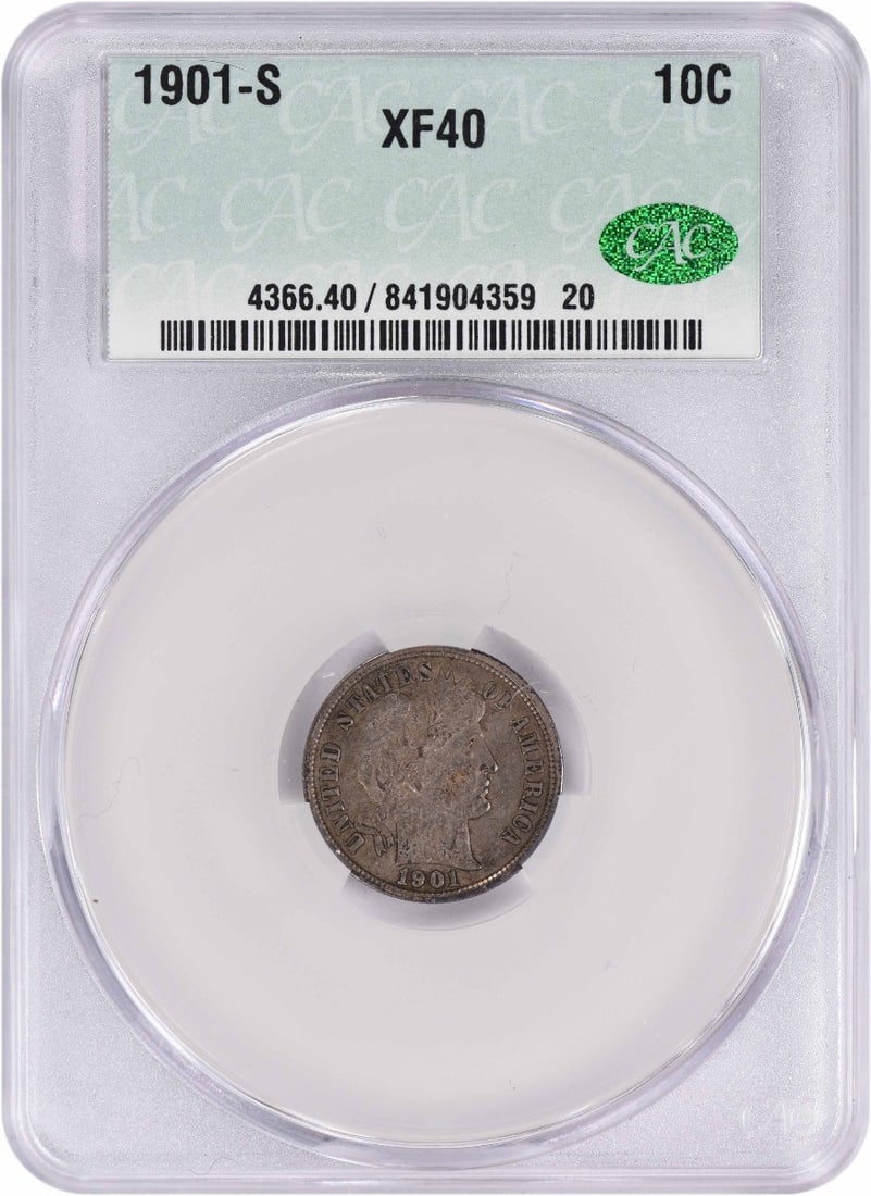 1901-S Barber Silver Dime EF40 CACG: 1901-S Barber Silver Dime EF40 CACG The 1901-S Barber Silver Dime EF40 CACG boasts an impressive circulated condition, showcasing its age and wear with clarity. With a mintage of just 593,022 coins