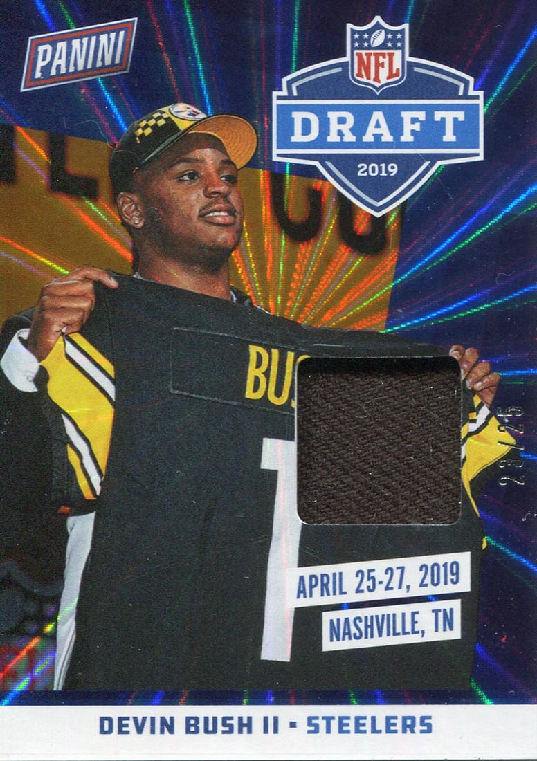 Bush II Devin 2019 Panini National Football Rookie Jersey Card: Bush II Devin 2019 Panini National Football Rookie Jersey Card Numbered out of 25, this Devin Bush II Panini National Football Rookie Jersey Card features the signature of the player and is part of a