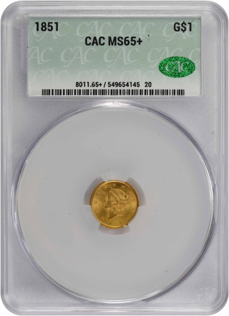 $1 1851 Gold Type 1 MS65+ CACG: $1 1851 Gold Type 1 MS65+ CACG The $1 1851 Gold Type 1 MS65+ CACG is an exceptionally preserved uncirculated coin, certified by the CACG as being in circulated condition. With a rich gold composition