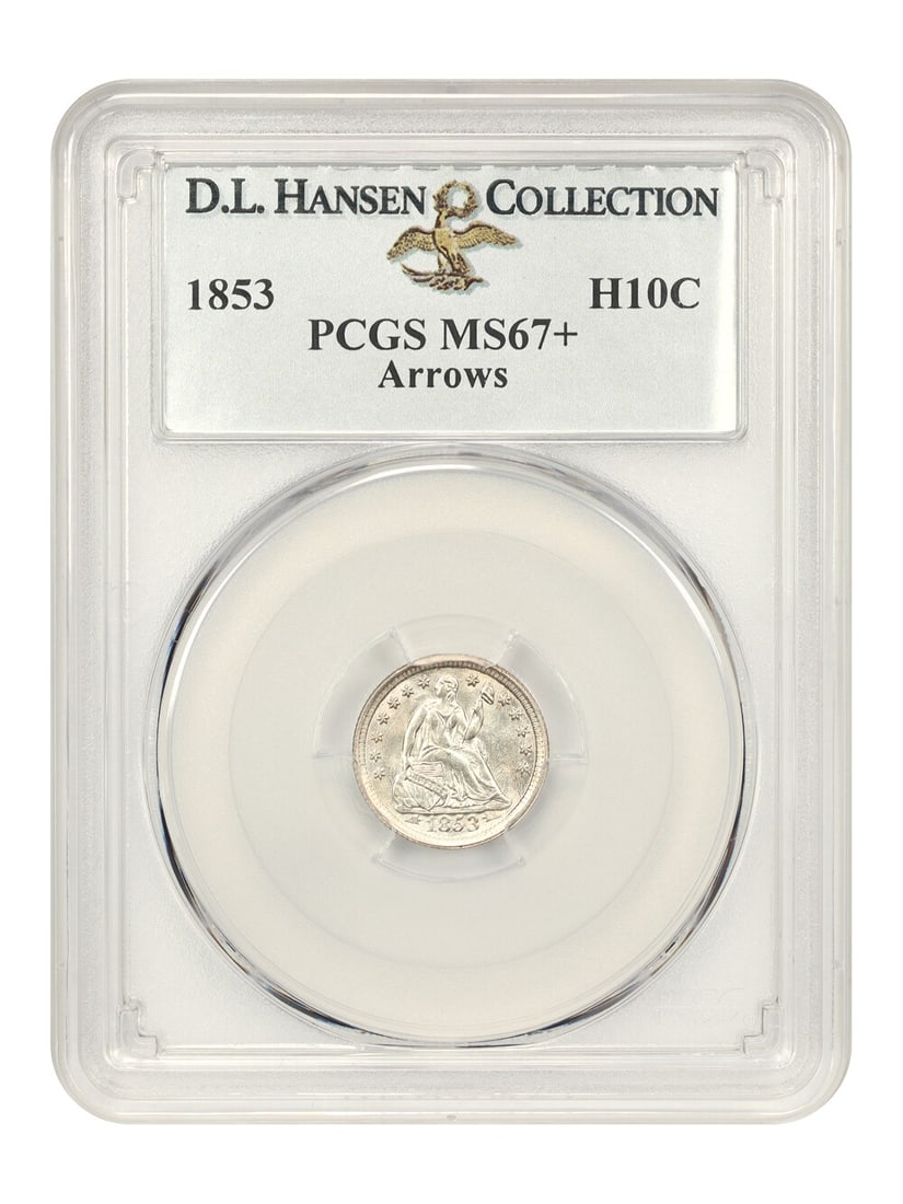 1853 H10C PCGS MS67+ (Arrows) ex: D.L. Hansen: 1853 H10C PCGS MS67+ (Arrows) ex: D.L. Hansen The 1853 H10C, graded MS67+, boasts exceptional detail and luster, showcasing the masterful craftsmanship of Philadelphia's mint. This stunning example