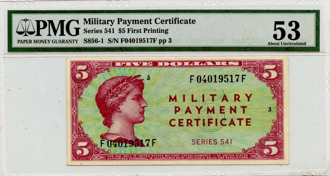 Series 541 $5 MPC PMG AU53 S856-1 First Printing: Series 541 $5 MPC PMG AU53 S856-1 First Printing The Series 541 $5 MPC PMG AU53 S856-1 First Printing features a circulated denomination with a high grade of AU53, certified by PMG. This note bears