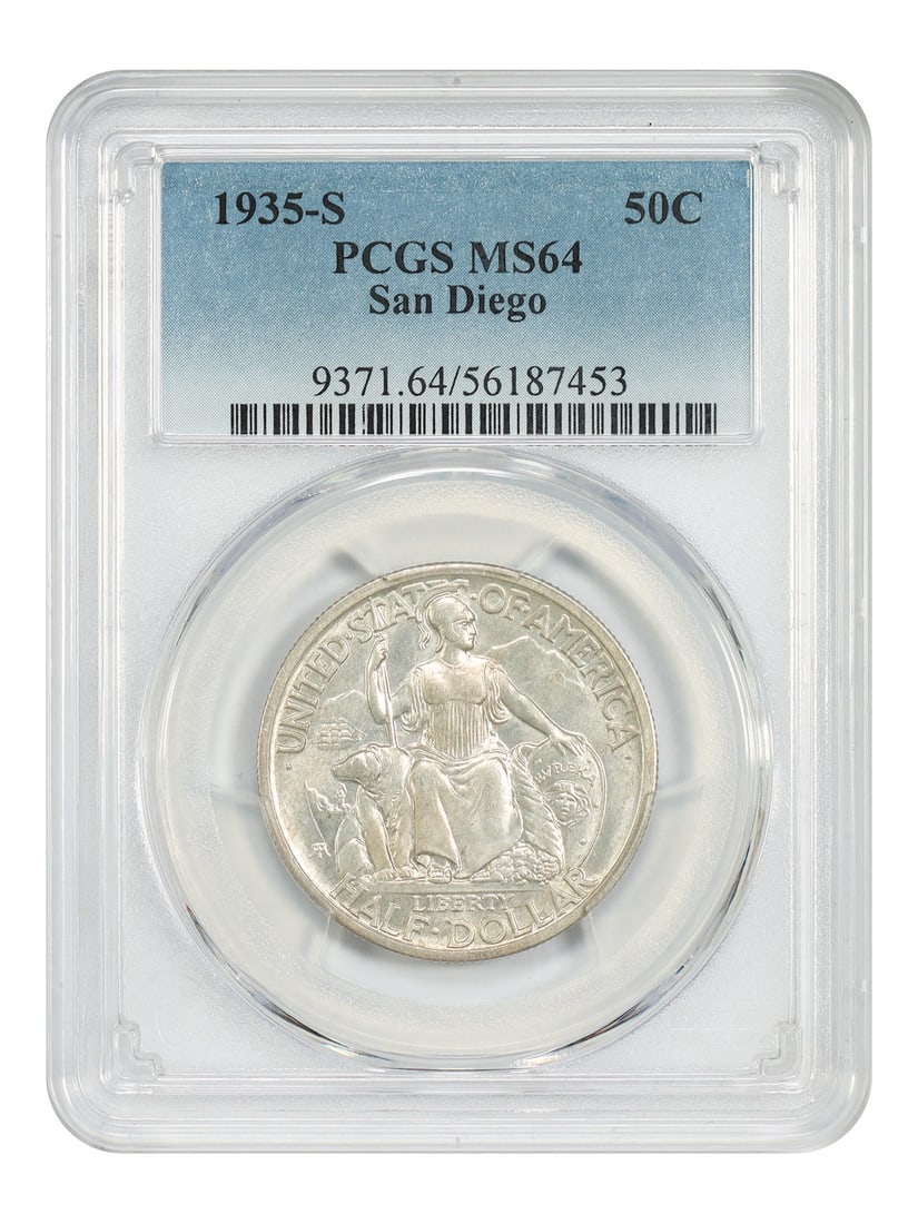 1935-S 50C San Diego PCGS MS64 - Classic Silver Commemorative: 1935-S 50C San Diego PCGS MS64 - Classic Silver Commemorative The 1935-S 50C San Diego Commemorative coin features stunning MS64 grade, showcasing exceptional detail and luster. Certified by PCGS as
