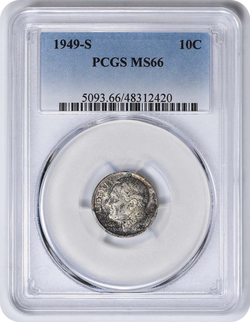 MS66 Roosevelt Silver Dime 1949 Toned PCGS: MS66 Roosevelt Silver Dime 1949 Toned PCGS MS66 Roosevelt Silver Dime 1949 Toned PCGS - A Rare and Highly Detailed Coin. This uncirculated Roosevelt dime, graded MS66 by PCGS, boasts a rich tone that