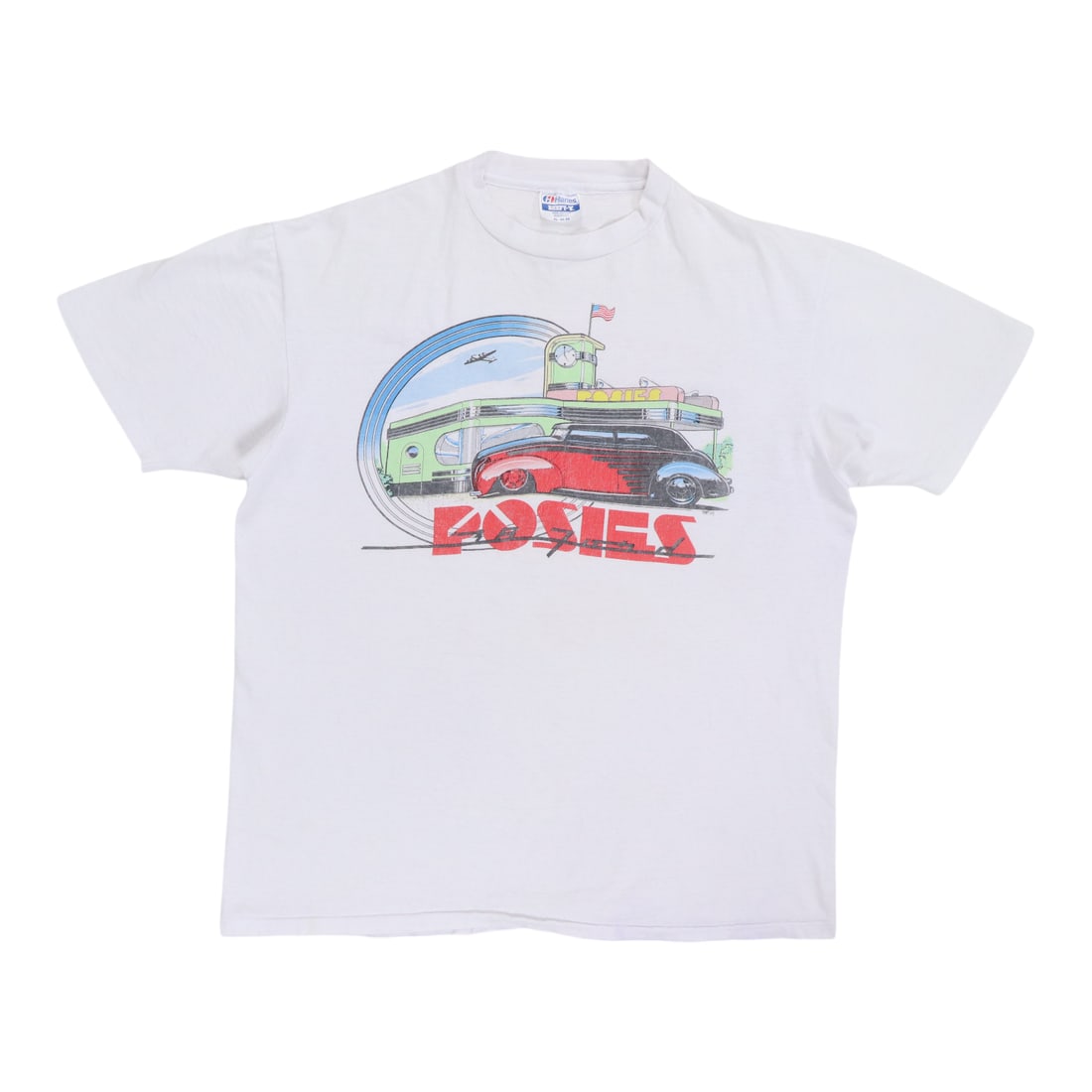 Posies Diner Shirt 1938 Ford 1980s: Posies Diner Shirt 1938 Ford 1980s Extra Large Posies Diner Shirt from the 1980s features front and back graphics. This vintage 1938 Ford shirt, made from 100% cotton, measures 23 inches pit to pit