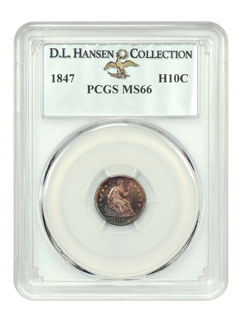 MS66 H10C PCGS ex D.L. Hansen: MS66 H10C PCGS ex D.L. Hansen MS66 H10C PCGS ex D.L. Hansen is an uncirculated 1847 Liberty Seated Half-Dime, certified by the Professional Coin Grading Service (PCGS) with a grade of MS66. This coin