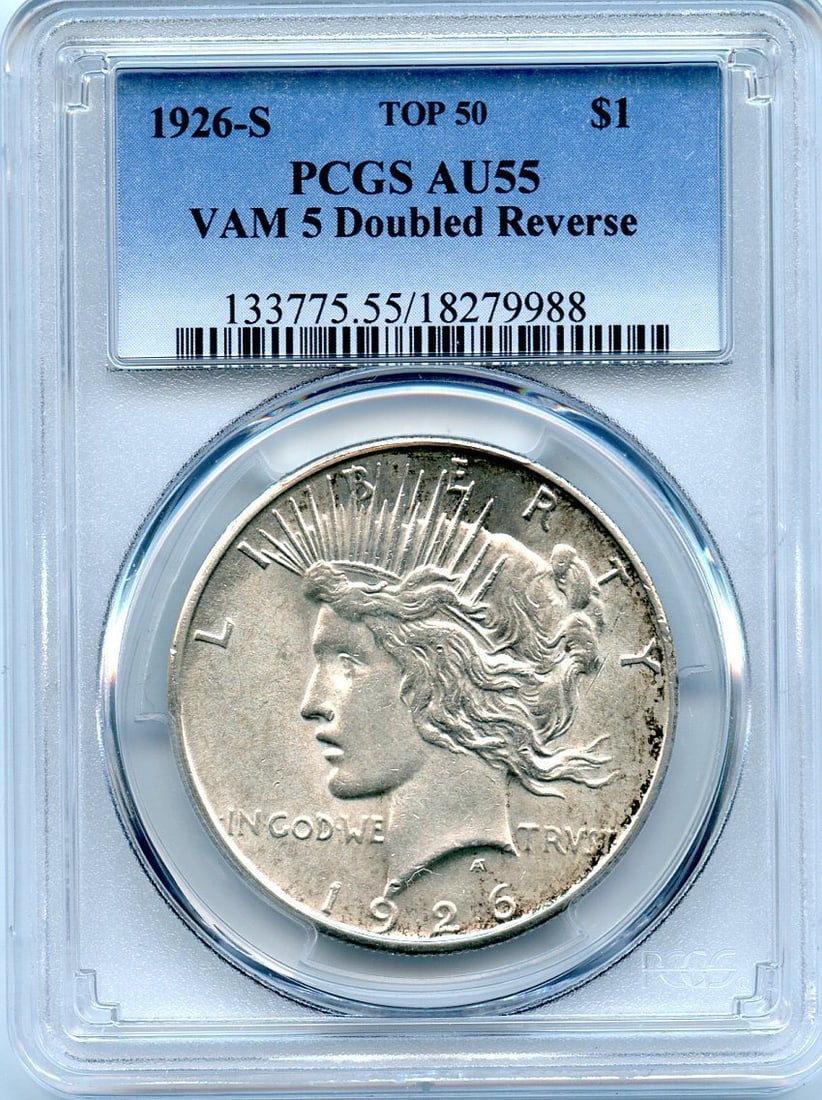 C6896- 1926-S VAM-5 DOUBLED REVERSE TOP 50 PEACE DOLLAR PCGS AU55: C6896- 1926-S VAM-5 DOUBLED REVERSE TOP 50 PEACE DOLLAR PCGS AU55 The 1926-S VAM-5 Doubled Reverse Top 50 Peace Dollar, graded AU55 by PCGS, boasts an exceptional display of doubled die error on the