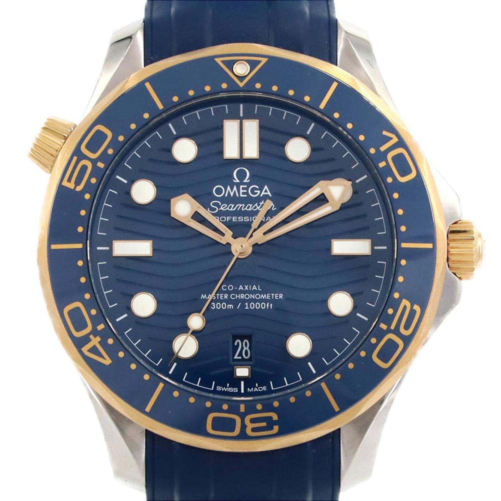 Omega Wristwatch: Omega Wristwatch Stainless steel and yellow gold blend in this Omega wristwatch, featuring a 42mm case diameter. The blue dial adds a touch of elegance to the overall design, while some minor scratche