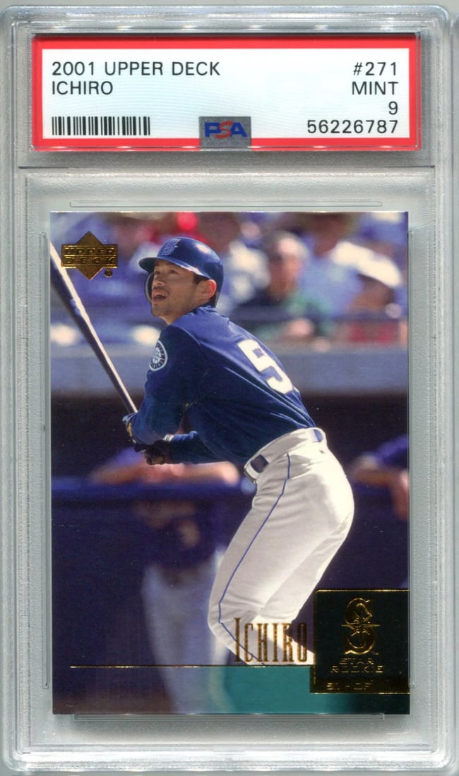 Ichiro Suzuki 2001 Upper Deck #271 PSA 9 Card: Ichiro Suzuki 2001 Upper Deck #271 PSA 9 Card PSA 9 graded card from the 2001 Upper Deck set, featuring Ichiro Suzuki's impressive performance. This highly regarded card showcases Ichiro's skills on