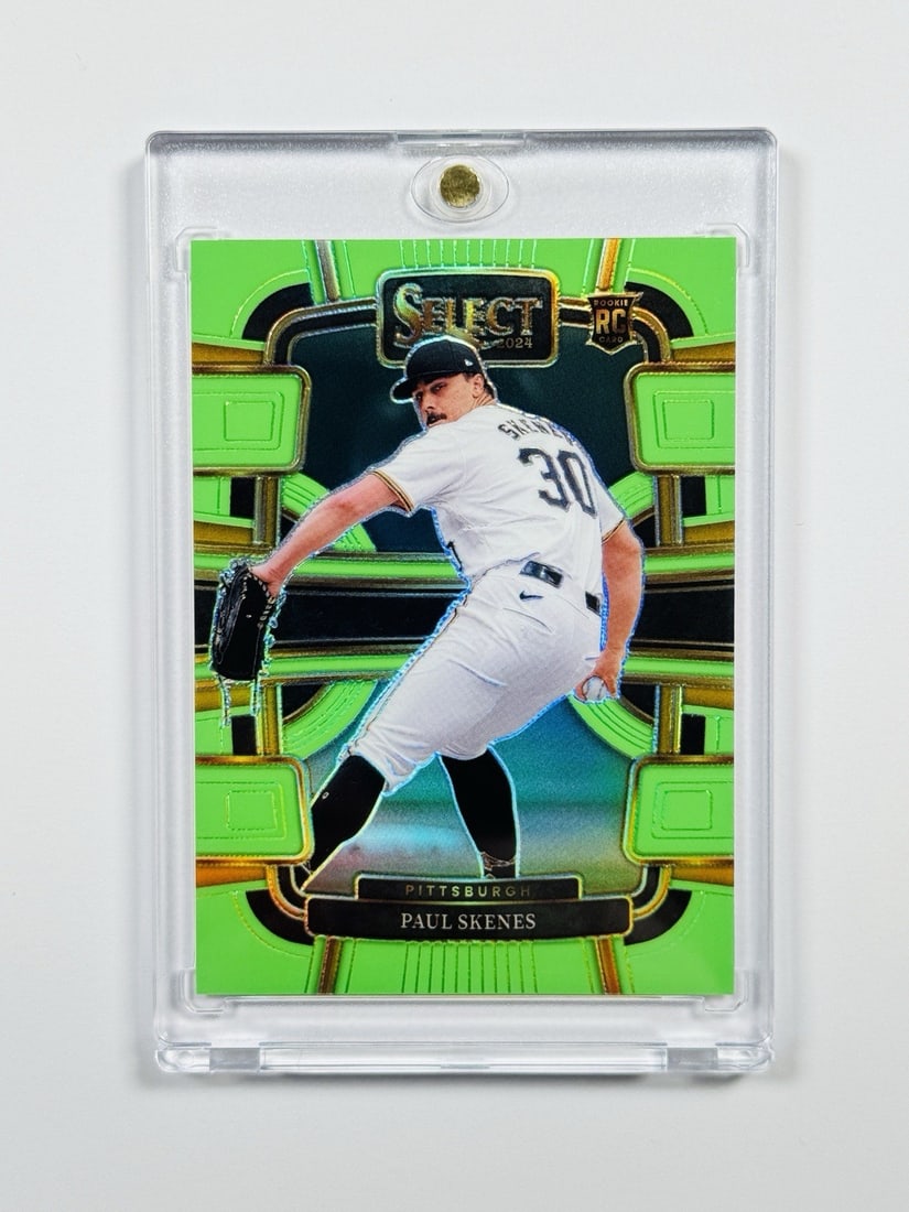 2024 PANINI SELECT PAUL SKENES #1 GREEN/ 49: 2024 PANINI SELECT PAUL SKENES #1 GREEN/ 49 The 2024 Panini Select Paul Skenes #1 Green/49 features a rookie insert in the highly sought-after Neon Green Prizm print run, with only 49 copies