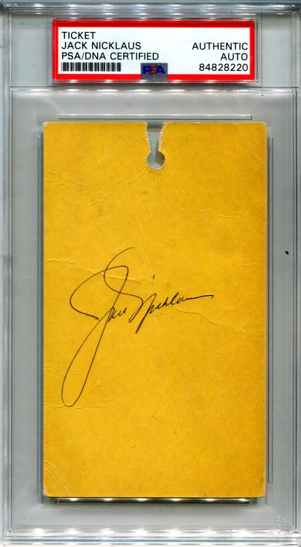 Jack Nicklaus 1967 Autographed Golf Exhibition Ticket (PSA): Jack Nicklaus 1967 Autographed Golf Exhibition Ticket (PSA) Signed in blue pen by Jack Nicklaus, this 1967 autographed golf exhibition ticket granted admission to his 18-hole event at the Mark Twain