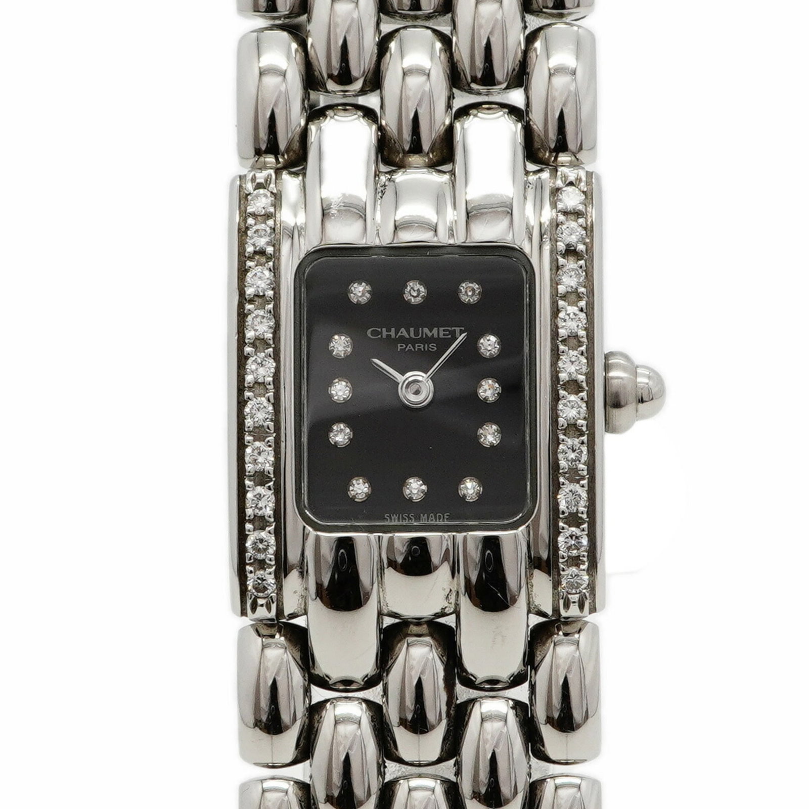Chaumet Wristwatch: Chaumet Wristwatch Chaumet wristwatch with stainless steel band and black dial, featuring a 17.5mm case diameter and adjustable size for a comfortable fit. The watch bears traces of usage, including