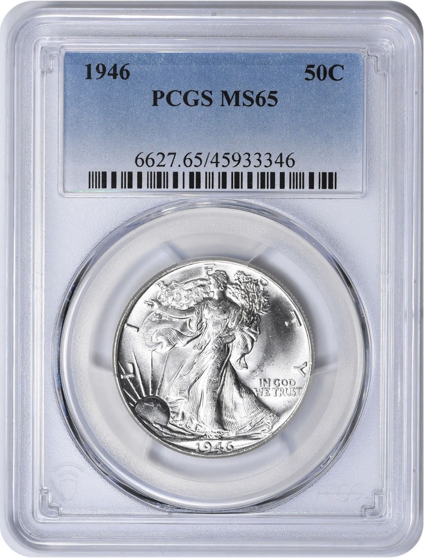 1946 Walking Liberty Silver Half Dollar MS65 PCGS: 1946 Walking Liberty Silver Half Dollar MS65 PCGS The 1946 Walking Liberty Silver Half Dollar MS65 PCGS is a highly detailed and well-crafted coin, featuring the iconic design of Adolph Alexander