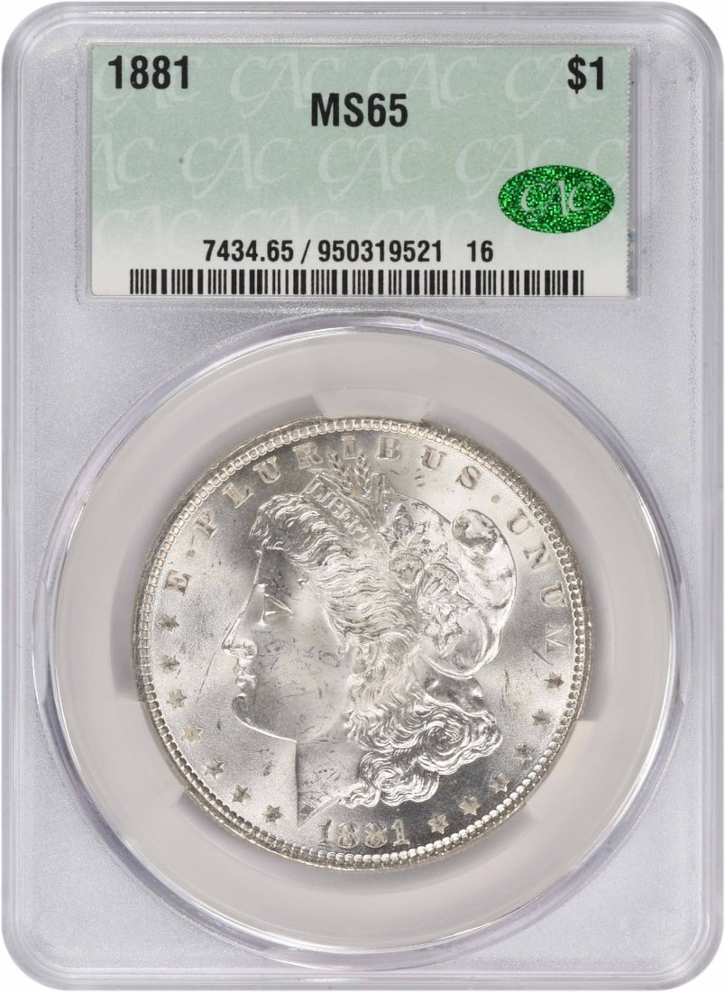 1881 Morgan Silver Dollar MS65 CACG: 1881 Morgan Silver Dollar MS65 CACG The 1881 Morgan Silver Dollar MS65 CACG boasts exceptional detail and luster, with its high-grade certification showcasing its impressive condition. This
