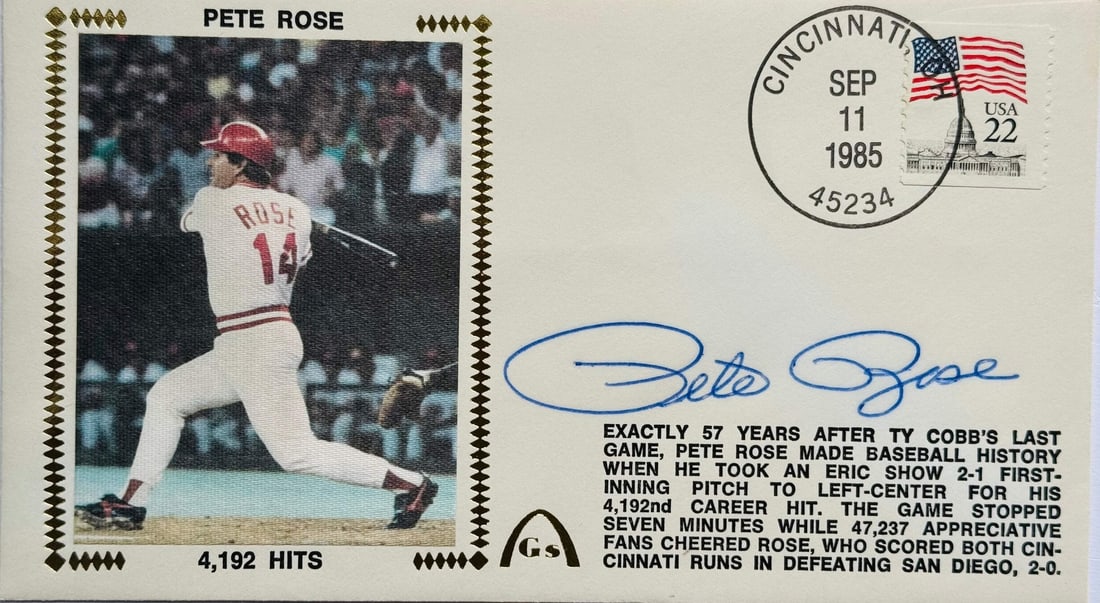Pete Rose Autographed First Day Cover Sep. 11 1985 "4192 Hits" (JSA) (1 of 2)