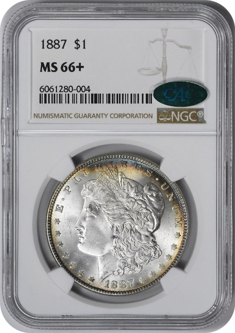 MS66+ NGC 1887 Morgan Silver Dollar CAC: MS66+ NGC 1887 Morgan Silver Dollar CAC MS66+ NGC Certified Morgan Silver Dollar, minted in 1887, boasts exceptional detail and luster. This uncirculated coin features the iconic design of George T. M