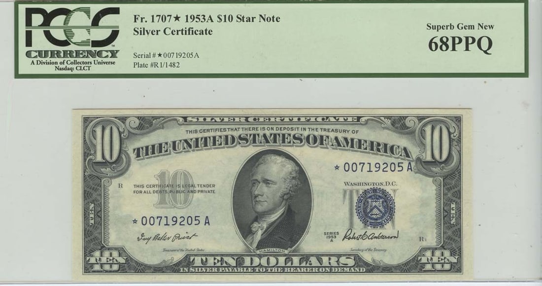 1953-A $10 Silver certificate PCGS SGEM 68 PPQ FR 1707* Star Note: 1953-A $10 Silver certificate PCGS SGEM 68 PPQ FR 1707* Star Note The 1953-A $10 Silver certificate, graded MS68 by PCGS, boasts an impressive circulated/uncirculated condition with a stunning star