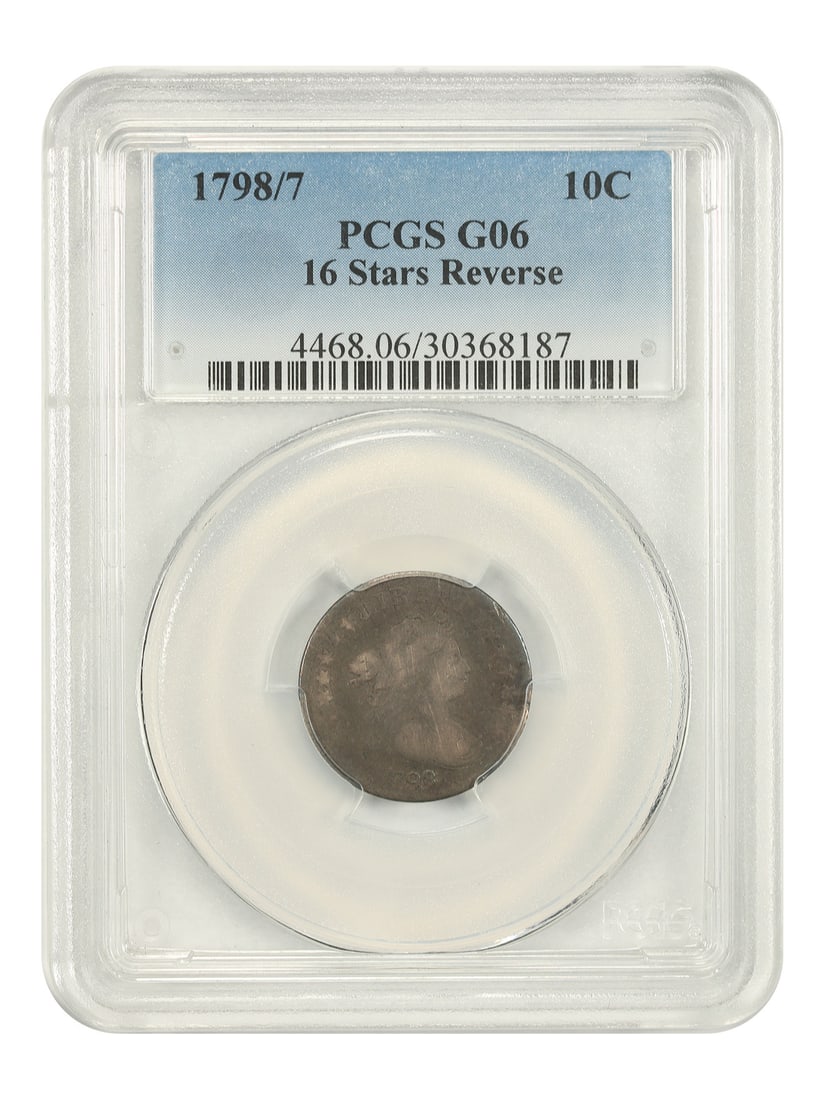 1798/ 7 10C PCGS Good 06 (16 Star Reverse) - Draped Bust Dime: 1798/ 7 10C PCGS Good 06 (16 Star Reverse) - Draped Bust Dime The 1798/7 Draped Bust Dime, graded PCGS Good 06, boasts an iconic design featuring a 16-star reverse. This circulated coin showcases the