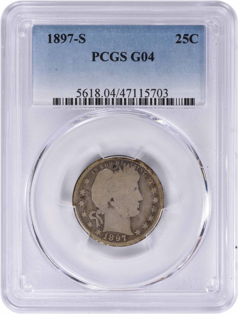 Quarter silver mint mark 1897 centered g04 pcgs: Quarter silver mint mark 1897 centered g04 pcgs The 1897 quarter silver coin features a centered g04 mint mark, a hallmark of the San Francisco Mint. Certified by PCGS as Circulated, this coin