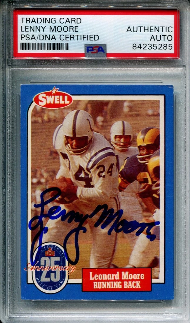 Lenny Moore 1988 Autographed Swell Football Card (PSA): Lenny Moore 1988 Autographed Swell Football Card (PSA) Signed in sharpie across the front of the card, Lenny Moore's autograph is authenticated and slabbed by PSA. This 1988 Swell football card