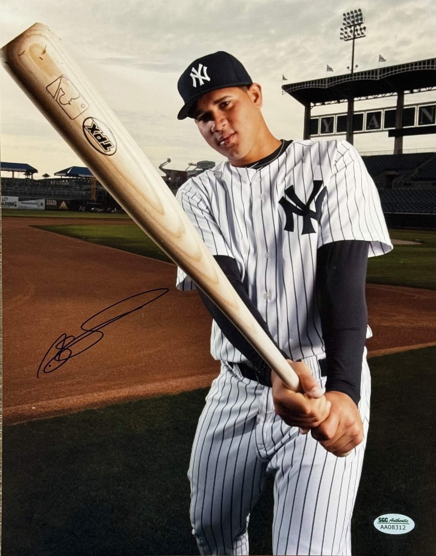 Gary Sanchez Autographed Yankees 11x14 Photo (SGC): Gary Sanchez Autographed Yankees 11x14 Photo (SGC) Signed in blue sharpie across the front, this 11x14 photo features Gary Sanchez's signature. The item bears a signed image, but we cannot verify