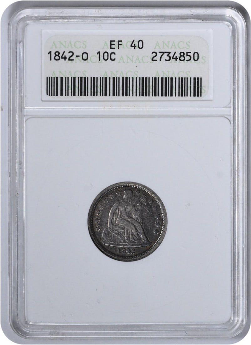 1842-O Liberty Seated Silver Dime EF40 ANACS: 1842-O Liberty Seated Silver Dime EF40 ANACS EF40 ANACS certified 1842-O Liberty Seated Silver Dime, featuring Christian Gobrecht's iconic design and a reeded edge. This circulated coin boasts a rich