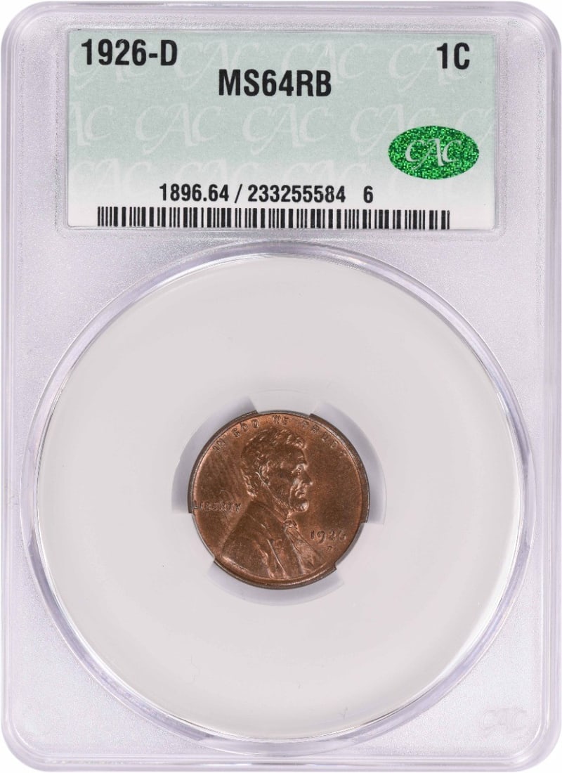 1926-D Lincoln Cent MS64RB CACG: 1926-D Lincoln Cent MS64RB CACG The 1926-D Lincoln Cent MS64RB CACG features a rich history, certified by the Coin Authentication Guaranty Group (CACG) as circulated/uncirculated. This uncirculated
