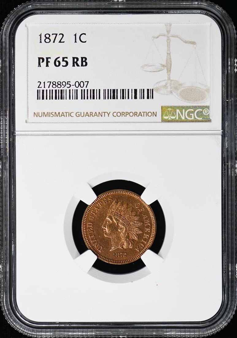 1872 Bronze Indian Cent 1C NGC PR65RB: 1872 Bronze Indian Cent 1C NGC PR65RB 1872 Bronze Indian Cent PR65RB NGC. This uncirculated bronze coin features the iconic Liberty Head design, minted in Philadelphia and bearing a Proof Mint