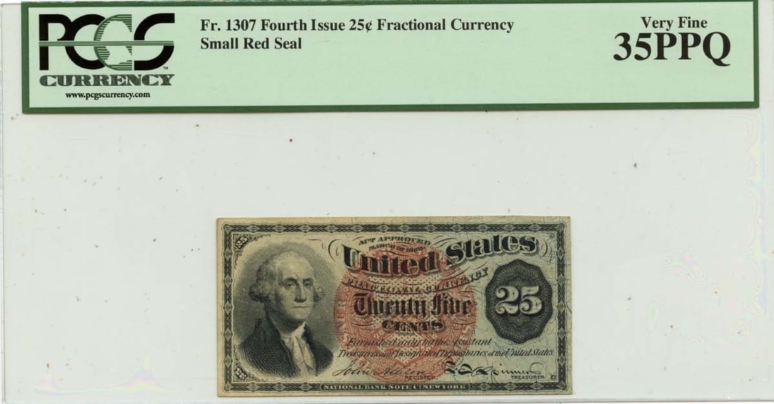 Currency Fourth Fractional Issue Seal Small 25 Cents PCGS FR#1307 VF35: Currency Fourth Fractional Issue Seal Small 25 Cents PCGS FR#1307 VF35 Small Fractional Currency Seal, 25 Cents, PCGS Certified. This circulated 25-cent fractional currency note features a small seal
