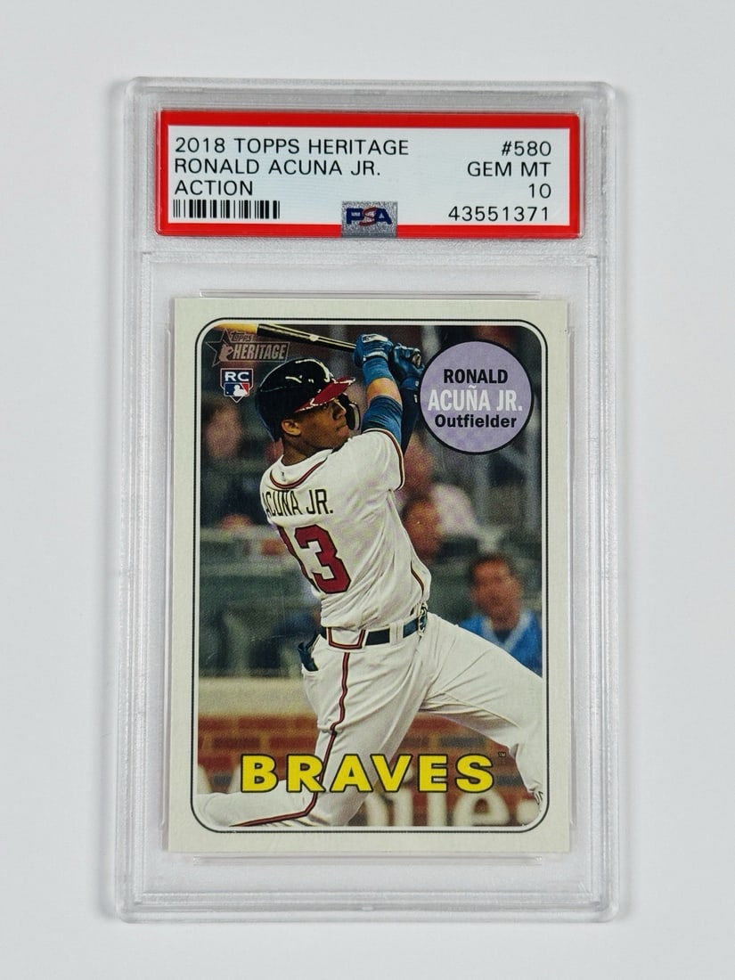 TOPPS ACTION ROOKIE HERITAGE RONALD ACUNA JR 2018 #580 PSA 10: TOPPS ACTION ROOKIE HERITAGE RONALD ACUNA JR 2018 #580 PSA 10 PSA 10 graded, the 2018 Topps Heritage card #580 features Ronald Acuna Jr. in his rookie season with the Atlanta Braves, showcasing a