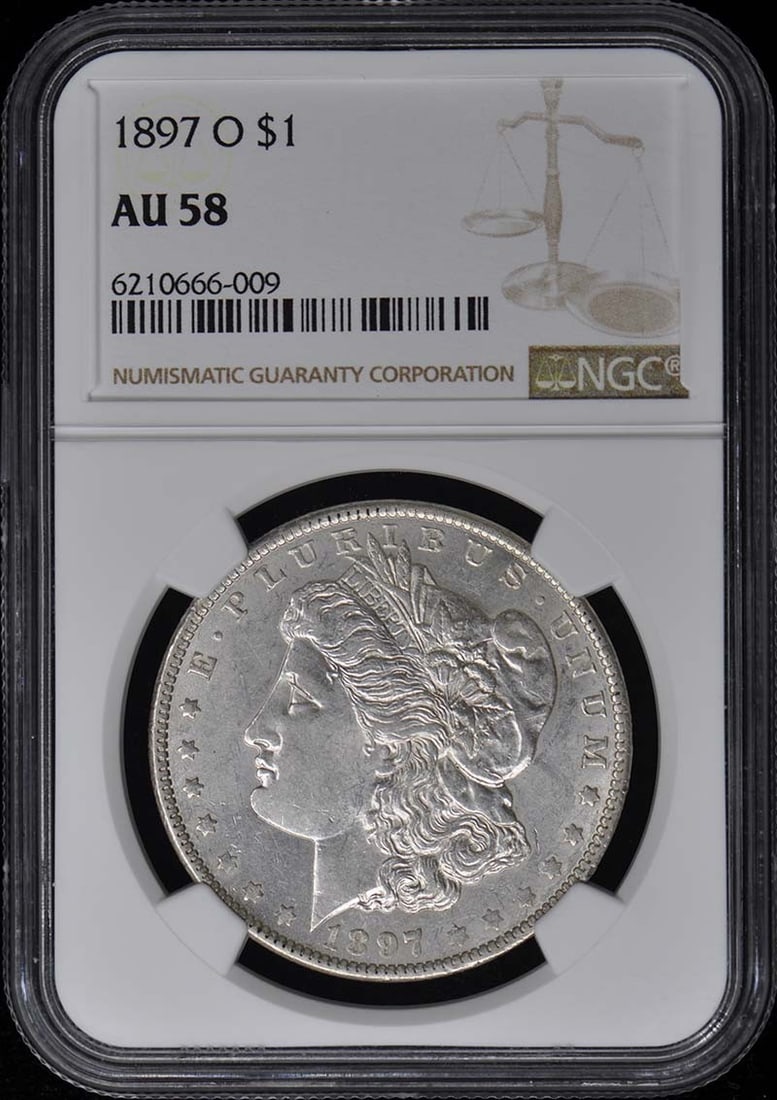 1897-O Morgan Dollar S$1 NGC AU58: 1897-O Morgan Dollar S$1 NGC AU58 1897-O Morgan Dollar S$1 NGC AU58, certified by the Numismatic Guaranty Corporation (NGC) with an AU58 grade, showcases a circulated example from the New Orleans mint