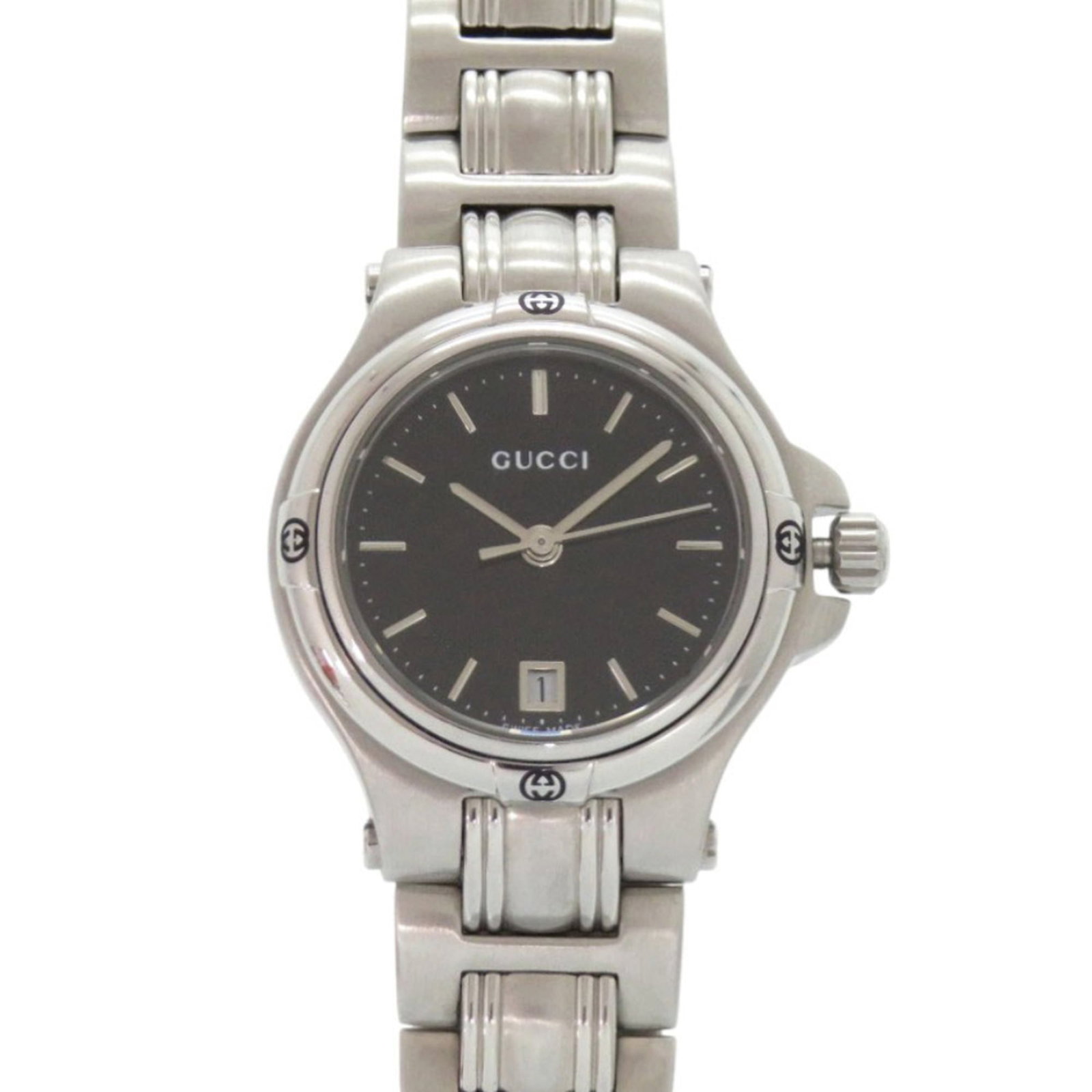 Wristwatch by Gucci: Wristwatch by Gucci Stainless steel case and band add an edgy touch to this Gucci wristwatch, featuring a black dial. With its 26mm diameter and adjustable stainless steel band, it's designed to fit